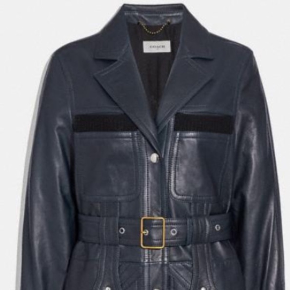 COACH 1941 MADE IN ITALY 🇮🇹 LAMB LEATHER SPORTY TRENCH COAT NAVY BLUE SIZE US 4 - Picture 3 of 16